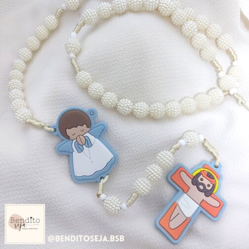 Terço personalizado sensorial infantil perolado branco/azul