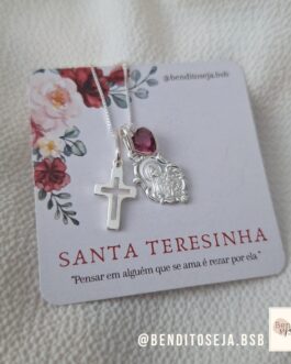 Colar fé e devoção Santa Teresinha pink