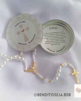 Terço personalizado Crisma branco na latinha