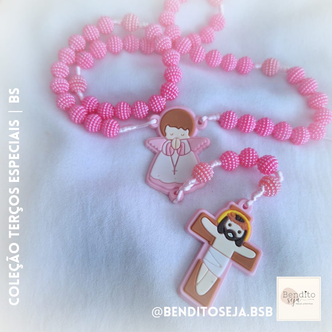 Terço personalizado sensorial infantil perolado rosa/rosa